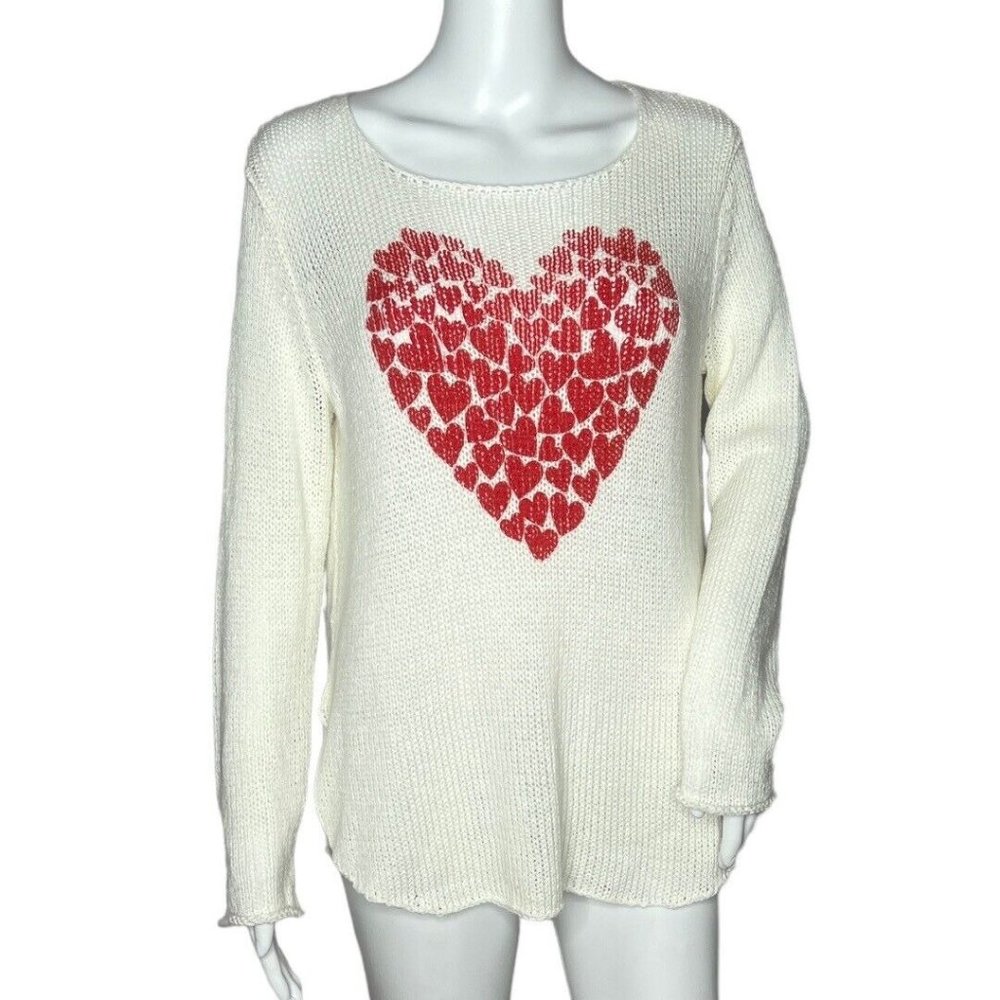 Wooden Ships Sweater Womens XSmall White Red Heart Open Knit Scoop Neck Breezy